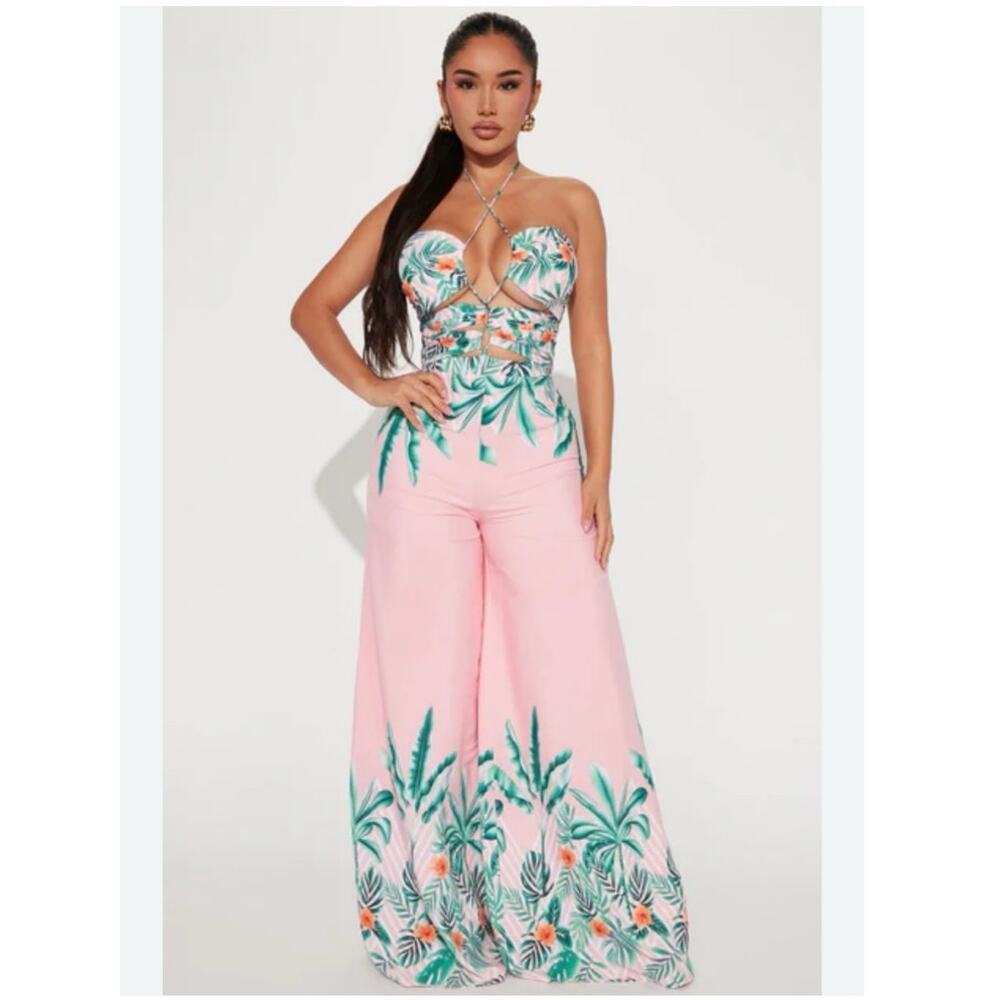 Fashion Nova Maui Nights Tropical Print Wide Leg Halter Jumpsuit Size 1X NWT - Picture 7 of 9